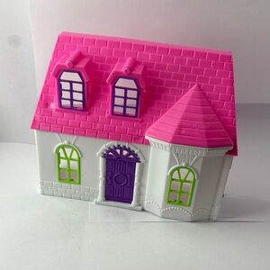 Pink Roof White Dollhouse with Purple Door and Lime Green Windows